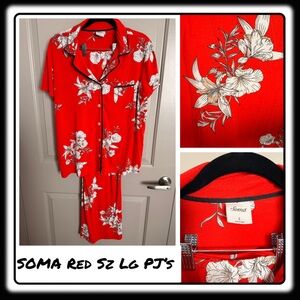 Soma “Notched Collar” short sleeve/pants red floral print sz Large